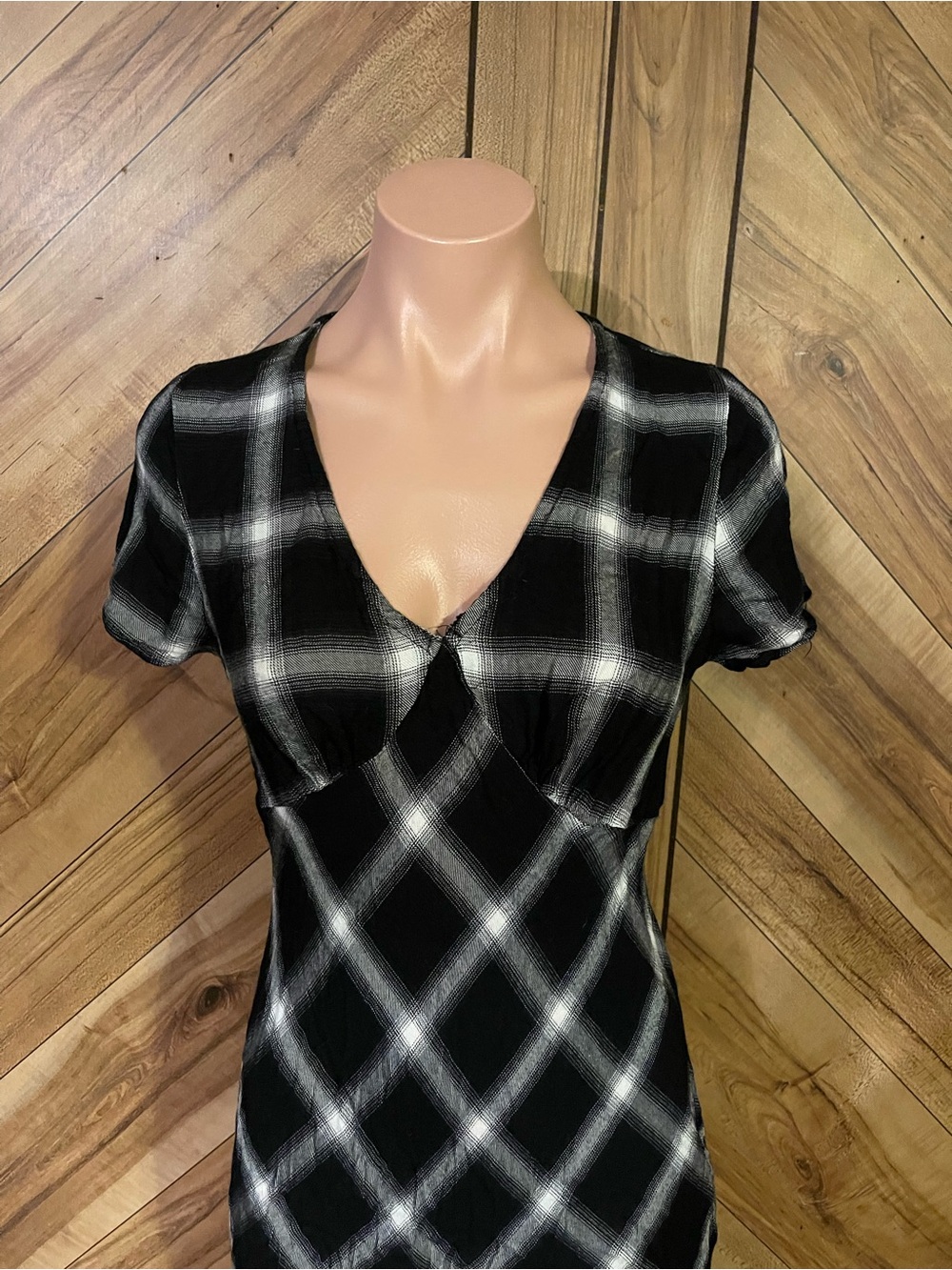 Disturbia Size 6 Black Plaid Single Bias Cut Midi Dress V-Neck Grunge Goth - Picture 4 of 10
